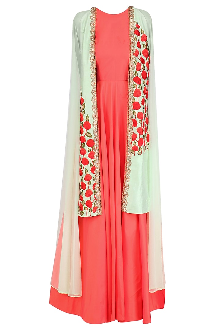 Coral Tunic with Apple Green Overlap Jacket by Rishi & Soujit