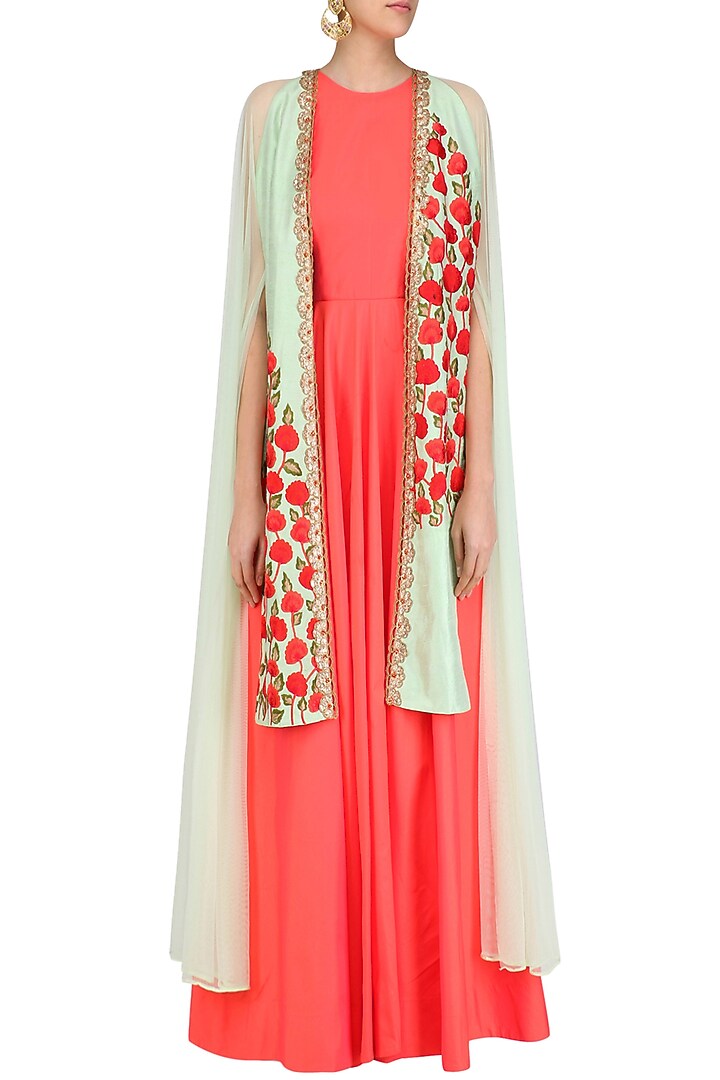 Coral tunic with apple green overlap jacket available only at Pernia's Pop Up Shop.
