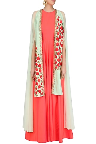 Coral Tunic with Apple Green Overlap Jacket by Rishi & Soujit