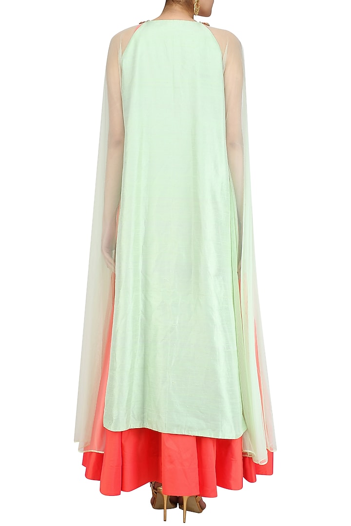Coral tunic with apple green overlap jacket available only at Pernia's Pop Up Shop.