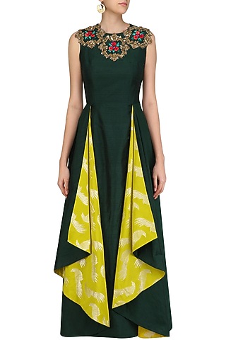Bottle Green and Lime Yellow Floral Layered Tunic by Rishi & Soujit