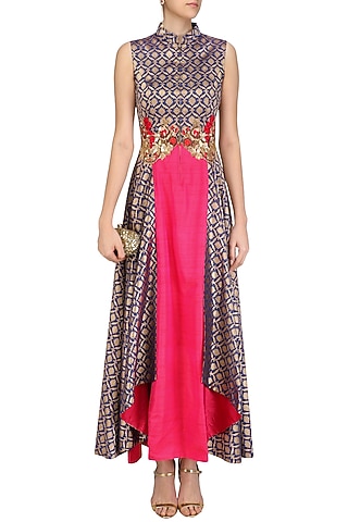 Persian Blue and Fuschia Pink Folded Layer Tunic by Rishi & Soujit