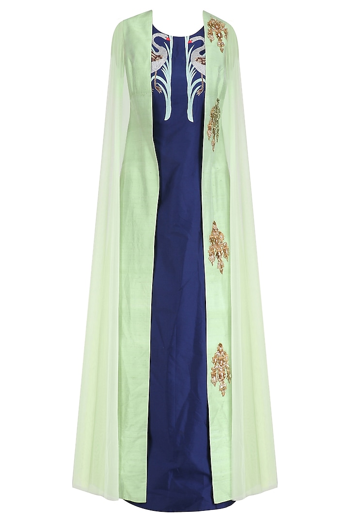 Navy Blue Long Tunic with Apple Green Floral Motifs Jacket by Rishi & Soujit