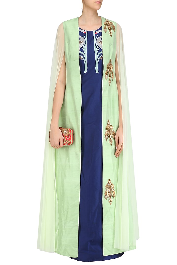 Navy blue long tunic wiith apple green floral motifs jacket available only at Pernia's Pop Up Shop.
