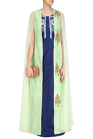 Navy Blue Long Tunic with Apple Green Floral Motifs Jacket by Rishi & Soujit