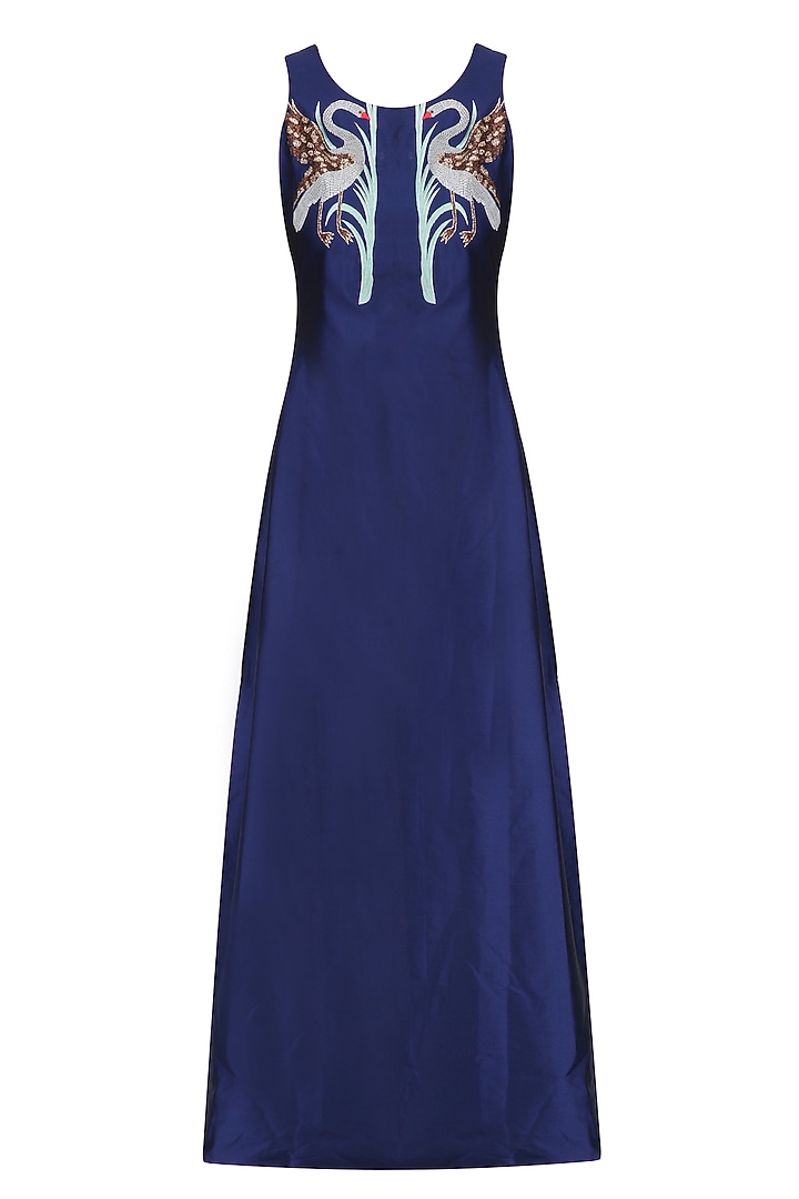 Navy blue long tunic wiith apple green floral motifs jacket available only at Pernia's Pop Up Shop.