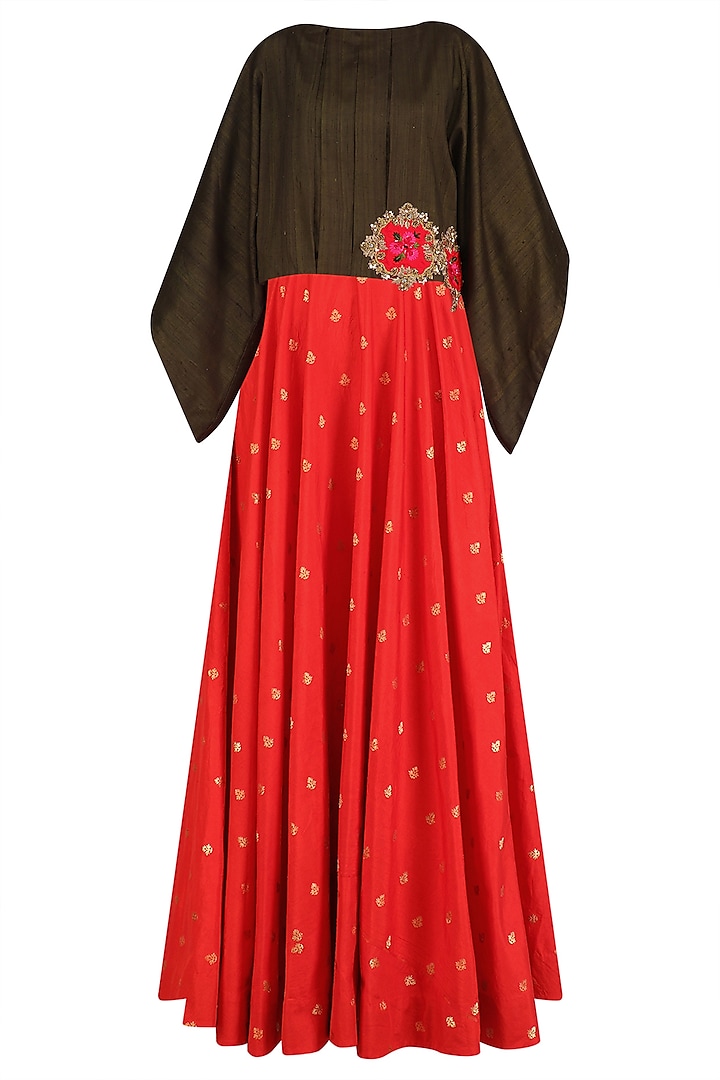 Red Brocade Long Tunic with Military Green Oversized Top by Rishi & Soujit