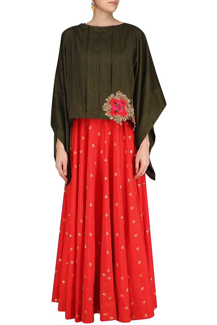 Red brocade long tunic with military green oversized top available only at Pernia's Pop Up Shop.
