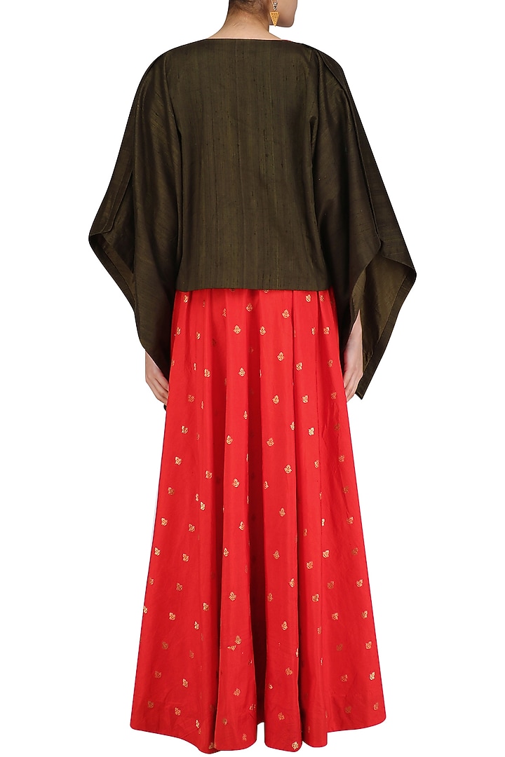 Red brocade long tunic with military green oversized top available only at Pernia's Pop Up Shop.
