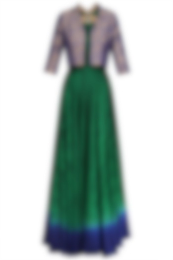 Bottle Green Flared Tunic with Persian Blue Crop Jacket by Rishi & Soujit