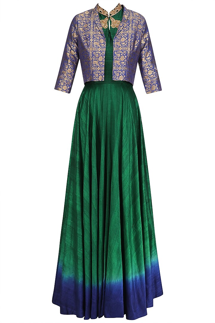 Bottle Green Flared Tunic with Persian Blue Crop Jacket by Rishi & Soujit