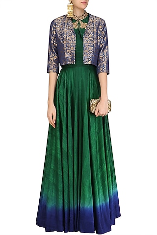Bottle Green Flared Tunic with Persian Blue Crop Jacket by Rishi & Soujit