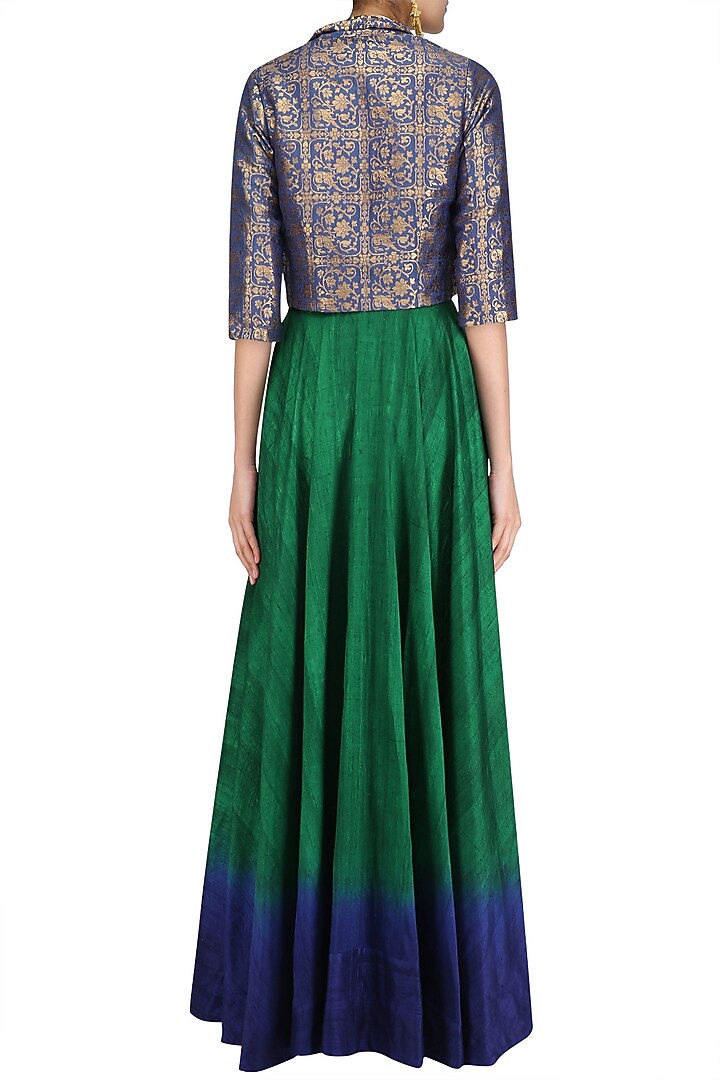 Bottle green flared tunic with persian blue crop jacket available only at Pernia's Pop Up Shop.