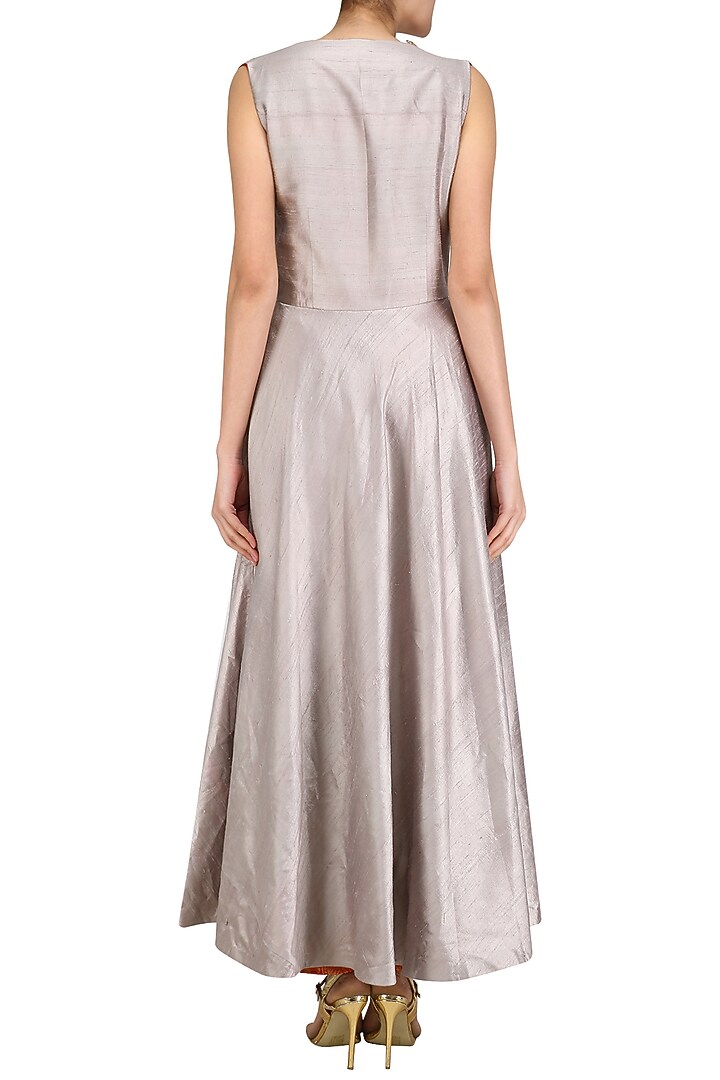 Grey handkerchief tunic with red brocade straight pants available only at Pernia's Pop Up Shop.