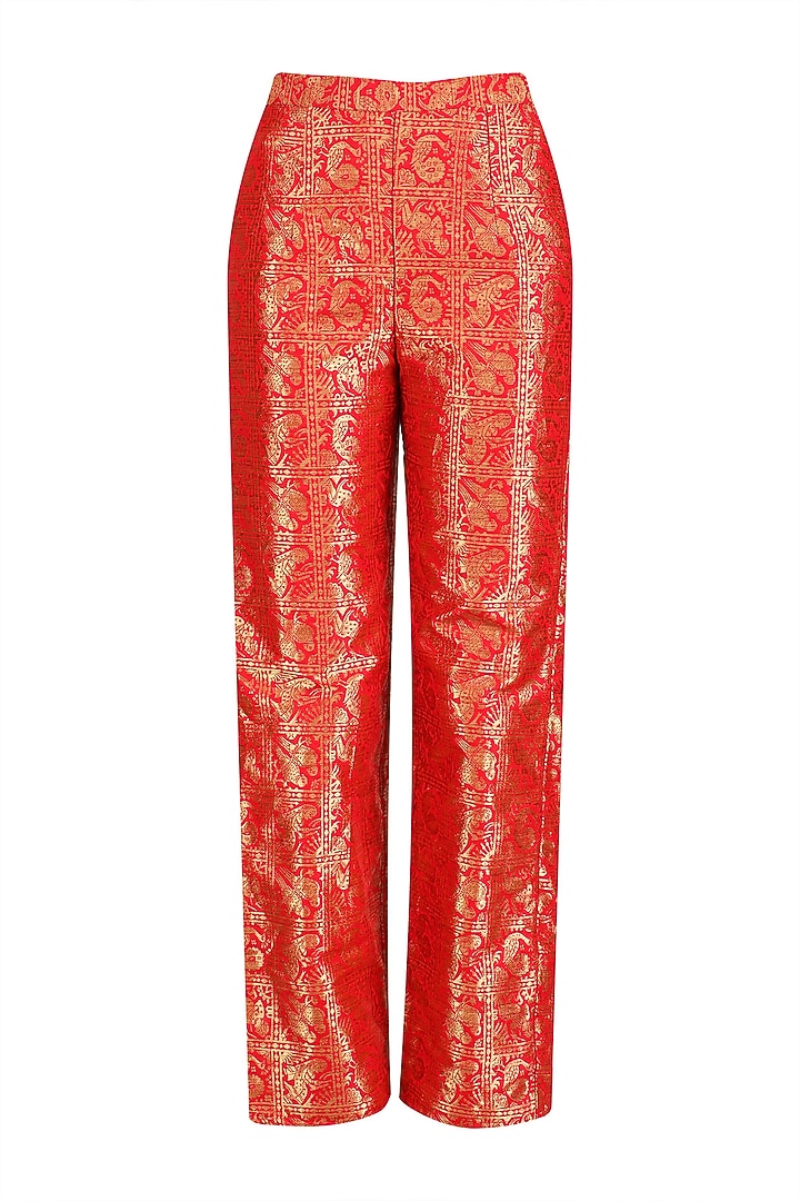 Grey handkerchief tunic with red brocade straight pants available only at Pernia's Pop Up Shop.