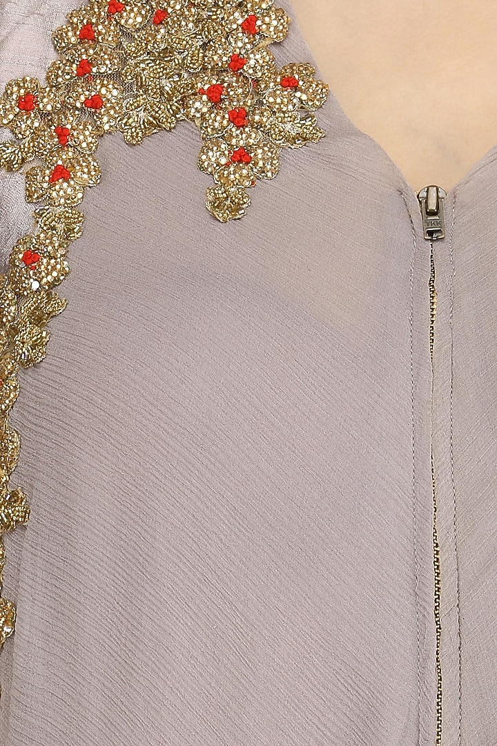 Grey handkerchief tunic with red brocade straight pants available only at Pernia's Pop Up Shop.