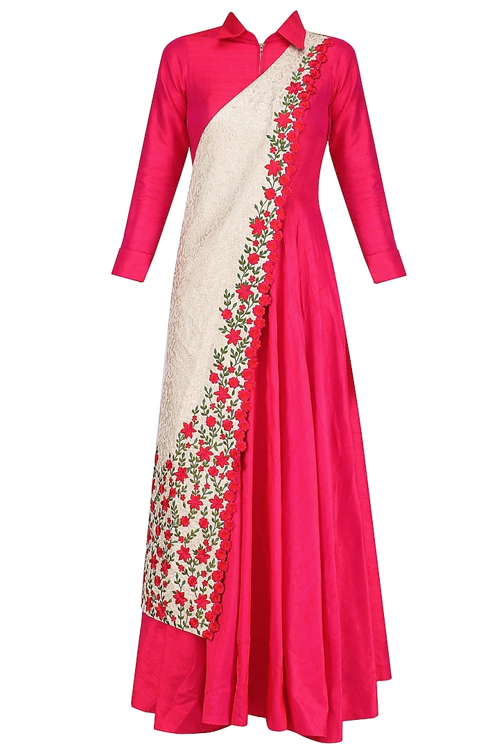Fuschia Pink Collared Tunic with Off White Banarasi Floral Motifs Sash by Rishi & Soujit