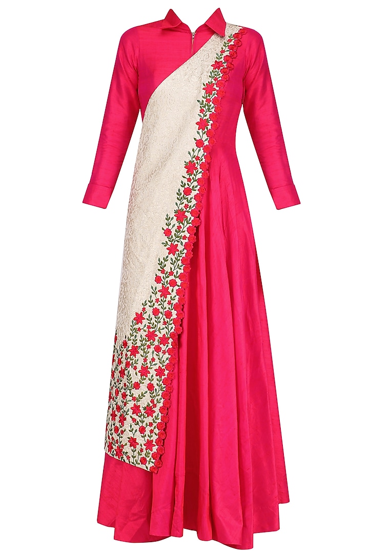 Fuschia pink collared tunic with off white banarasi floral motifs sash available only at Pernia's Pop Up Shop.