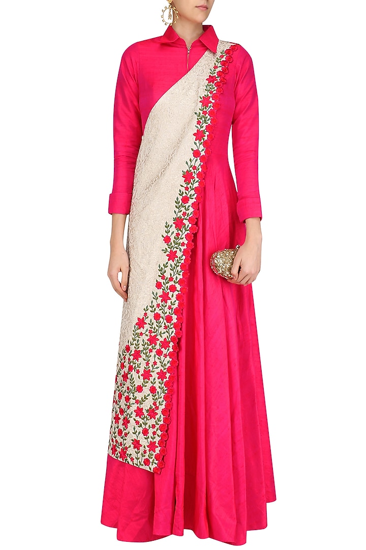Fuschia pink collared tunic with off white banarasi floral motifs sash available only at Pernia's Pop Up Shop.