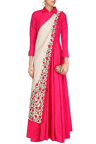 Fuschia Pink Collared Tunic with Off White Banarasi Floral Motifs Sash by Rishi & Soujit