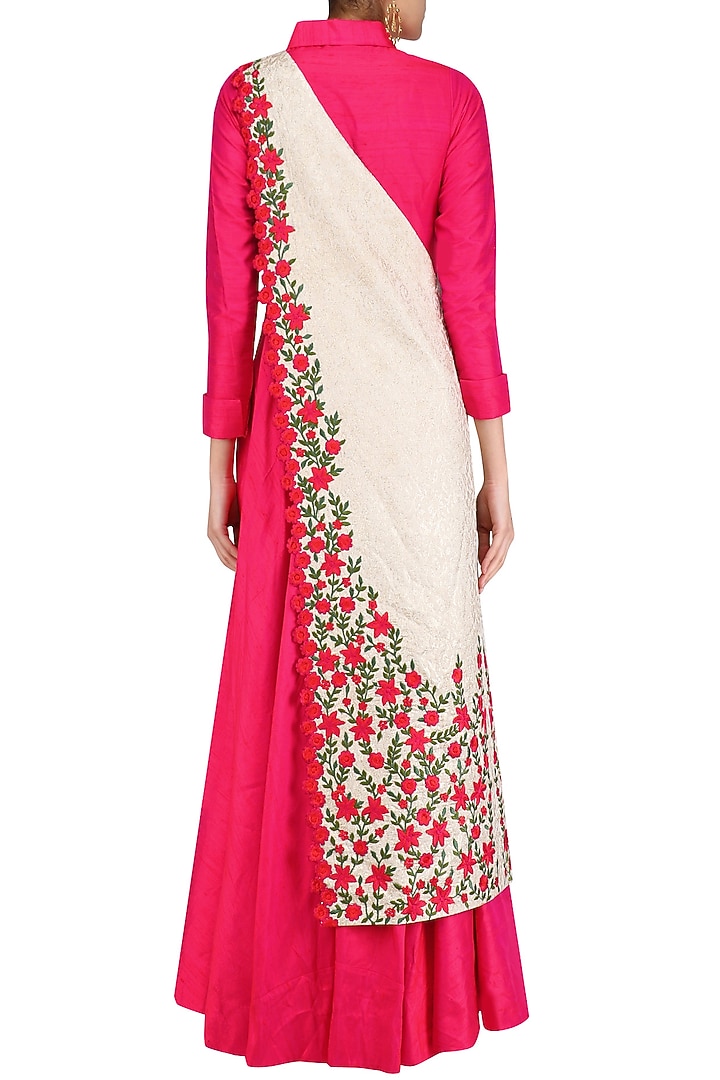 Fuschia pink collared tunic with off white banarasi floral motifs sash available only at Pernia's Pop Up Shop.