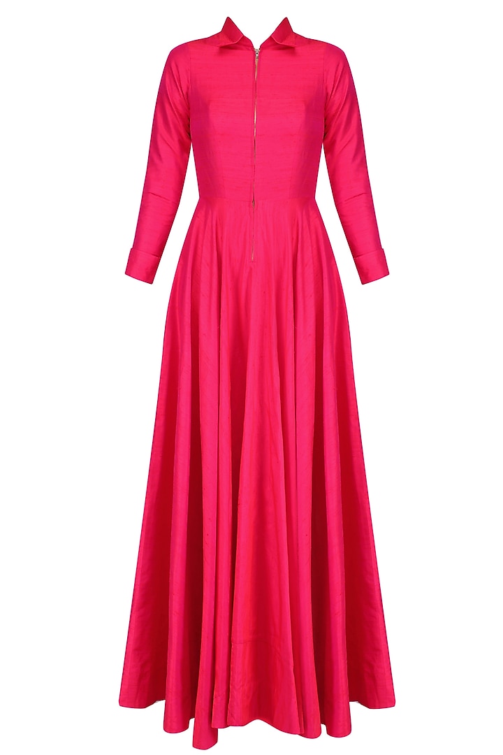 Fuschia pink collared tunic with off white banarasi floral motifs sash available only at Pernia's Pop Up Shop.