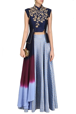 Navy Blue Embroidered Crop Jacket with Denim Blue Circular Skirt by Rishi & Soujit