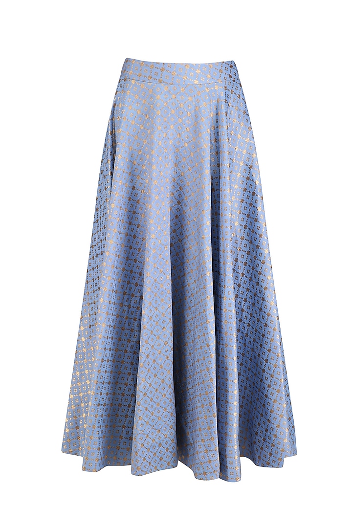 Navy blue embroidered crop jacket with denim blue circular skirt available only at Pernia's Pop Up Shop.