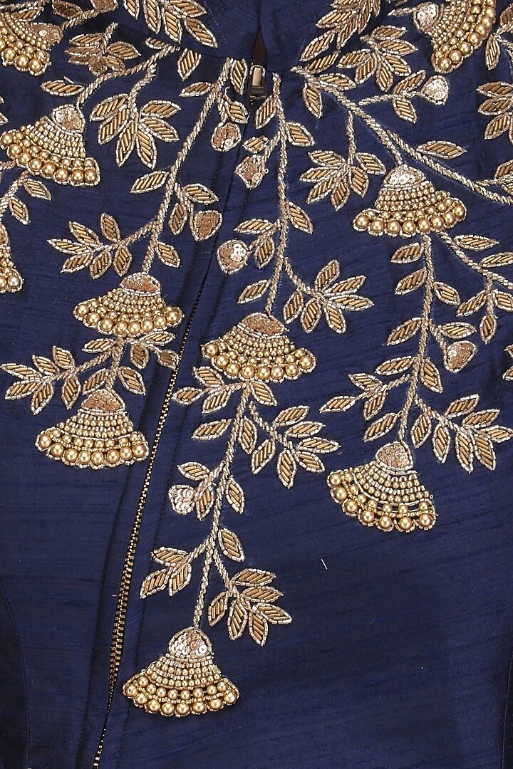 Navy blue embroidered crop jacket with denim blue circular skirt available only at Pernia's Pop Up Shop.