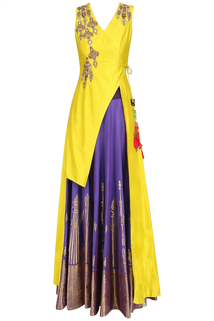 Canary Yellow Floral Embroidered Jacket with Purple Banarasi Skirt by Rishi & Soujit