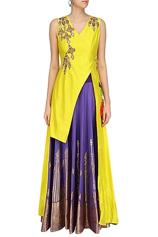 Canary Yellow Floral Embroidered Jacket with Purple Banarasi Skirt by Rishi & Soujit