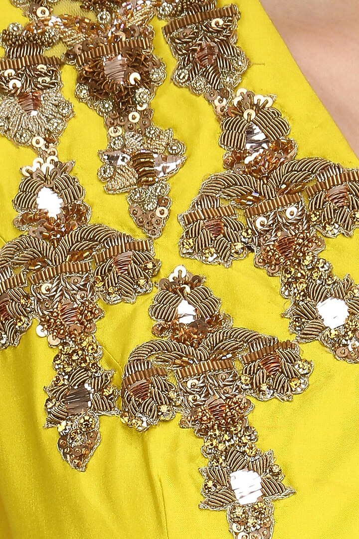 Canary yellow floral embroidered jacket with purple banarasi skirt available only at Pernia's Pop Up Shop.