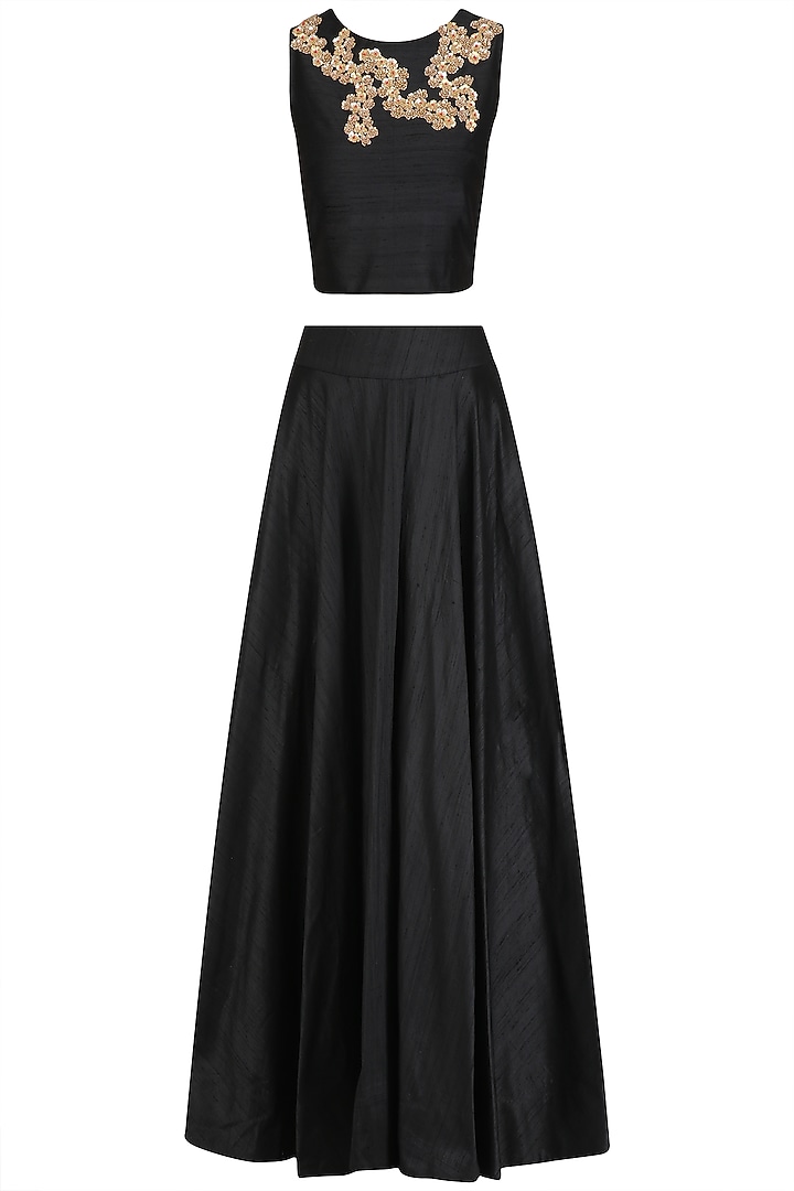 Two-Piece Set with Crystal Floral Embellished Crop Top and Skirt - Black