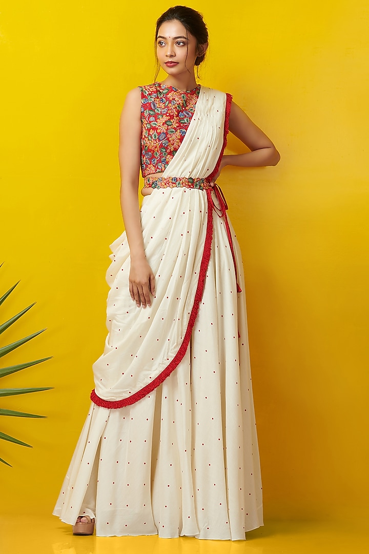 Off White & Red Embroidered Pant Set by Rishi & Soujit