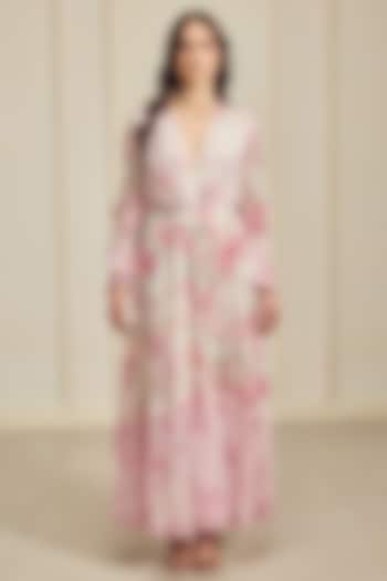 White & Pink French Chiffon Floral Printed Maxi Cocktail Dress by Roseroom by Isha Jajodia at Pernia's Pop Up Shop
