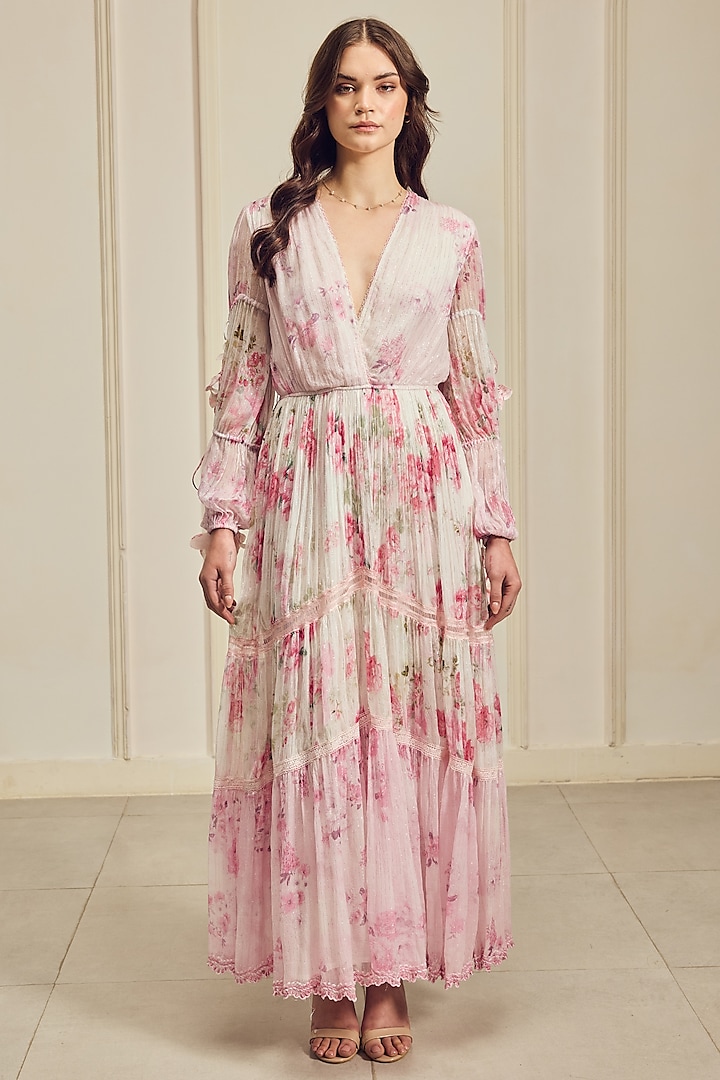 White & Pink French Chiffon Floral Printed Maxi Cocktail Dress by Roseroom by Isha Jajodia at Pernia's Pop Up Shop