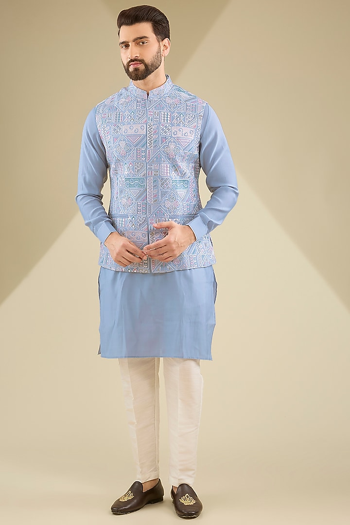 Powder Blue Raw Silk Thread Embroidered Bundi Jacket Set by RNG Safawala Men