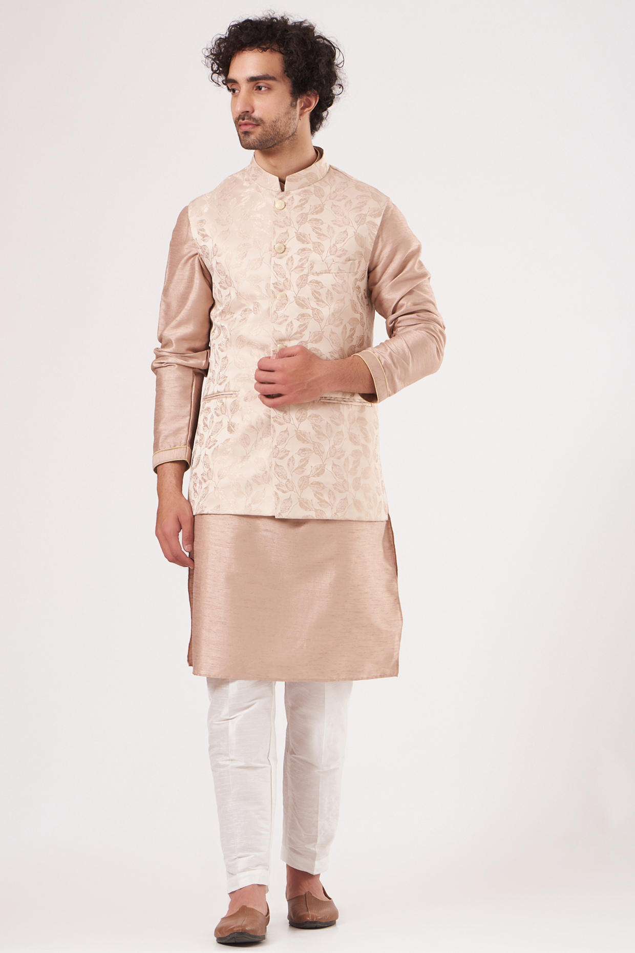 Dusty Pink Brocade Silk Nehru Jacket Set by RNG Safawala Men