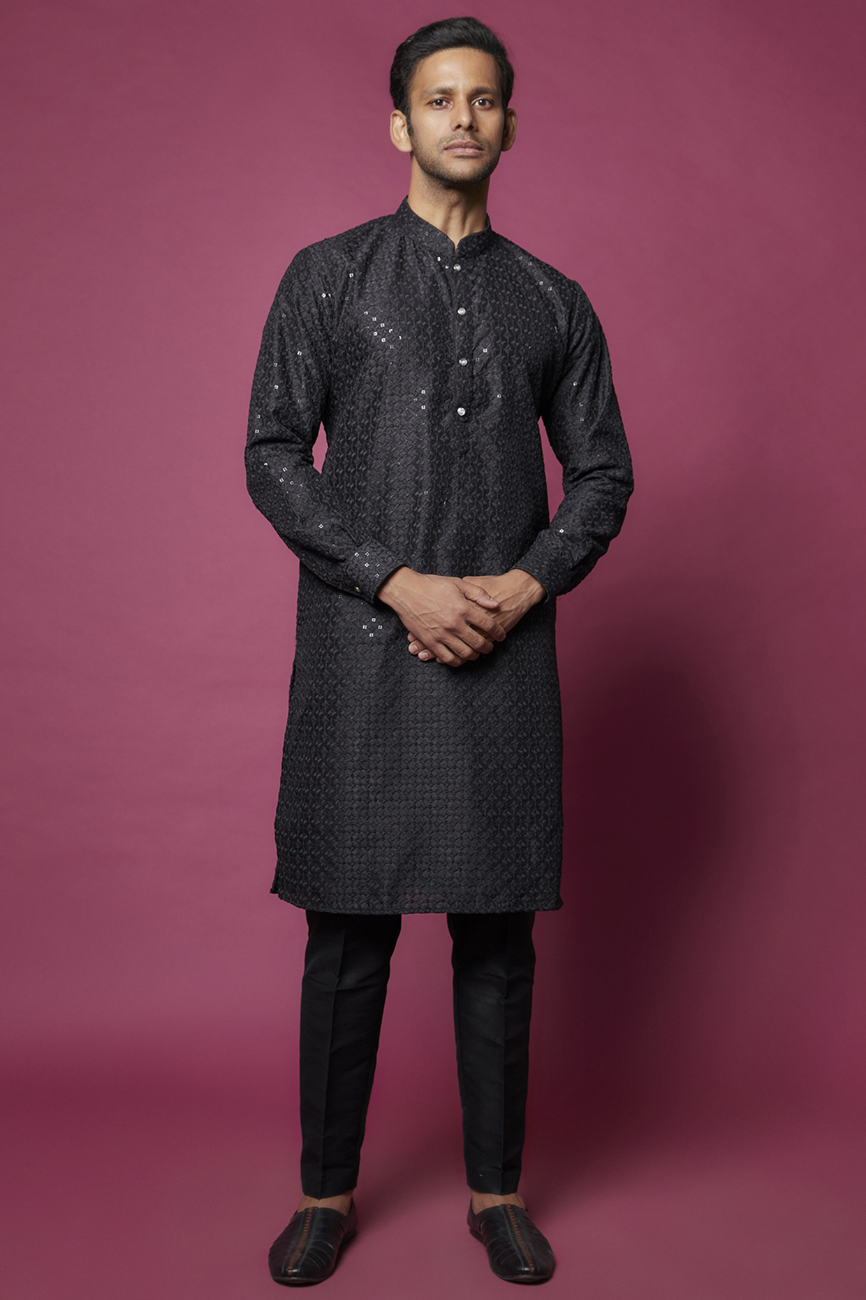 Black Slub Silk Embroidered Kurta Set by RNG Safawala Men