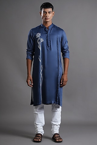 Prussian Blue Modal Satin Hand Embroidered Kurta by Ritambh