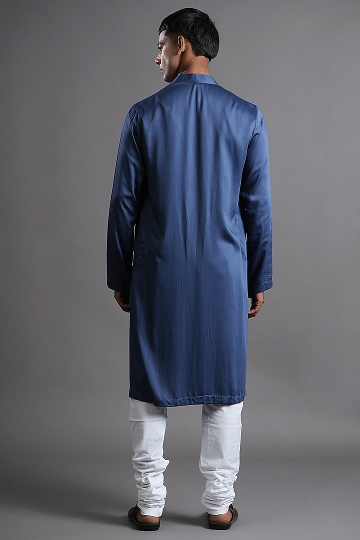 Prussian Blue Modal Satin Hand Embroidered Kurta by Ritambh at Pernia's Pop Up Shop