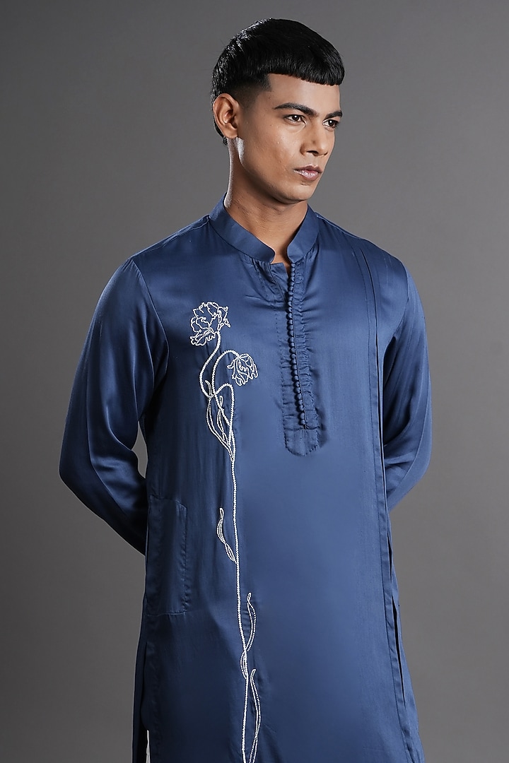 Prussian Blue Modal Satin Hand Embroidered Kurta by Ritambh at Pernia's Pop Up Shop