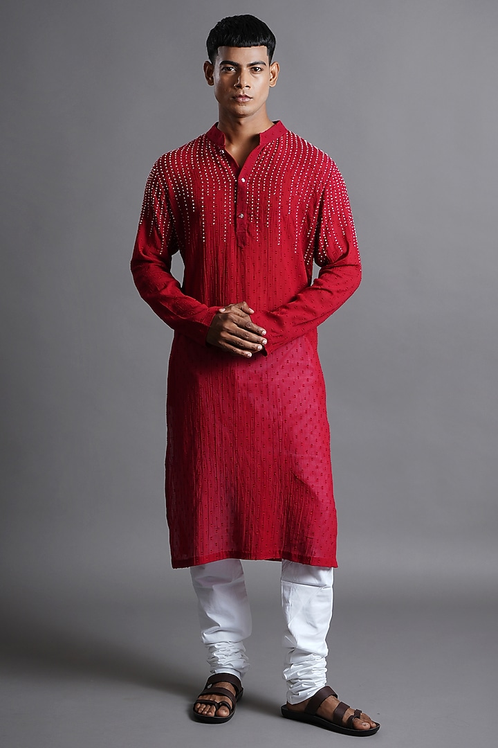 Deep Red Cotton Hand Embroidered Kurta by Ritambh at Pernia's Pop Up Shop