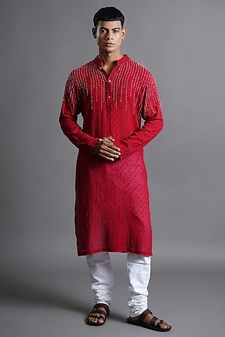 Deep Red Cotton Hand Embroidered Kurta by Ritambh