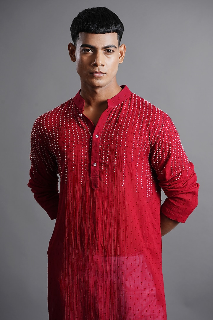 Deep Red Cotton Hand Embroidered Kurta by Ritambh at Pernia's Pop Up Shop