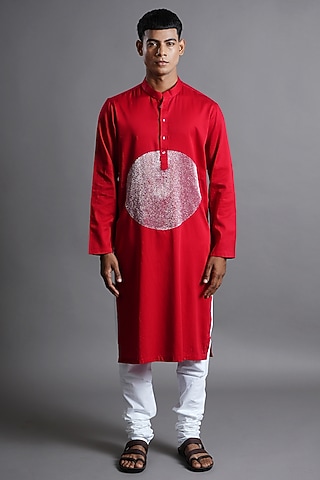 Red Cotton Hand Embroidered Kurta by Ritambh