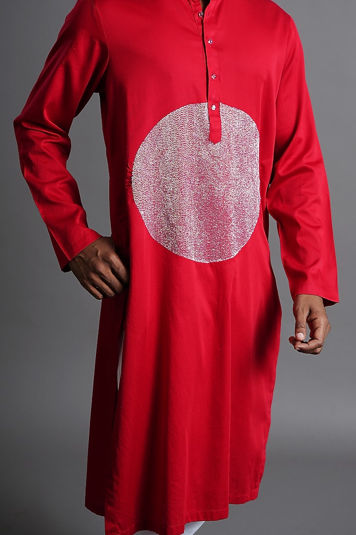 Red Cotton Hand Embroidered Kurta by Ritambh at Pernia's Pop Up Shop