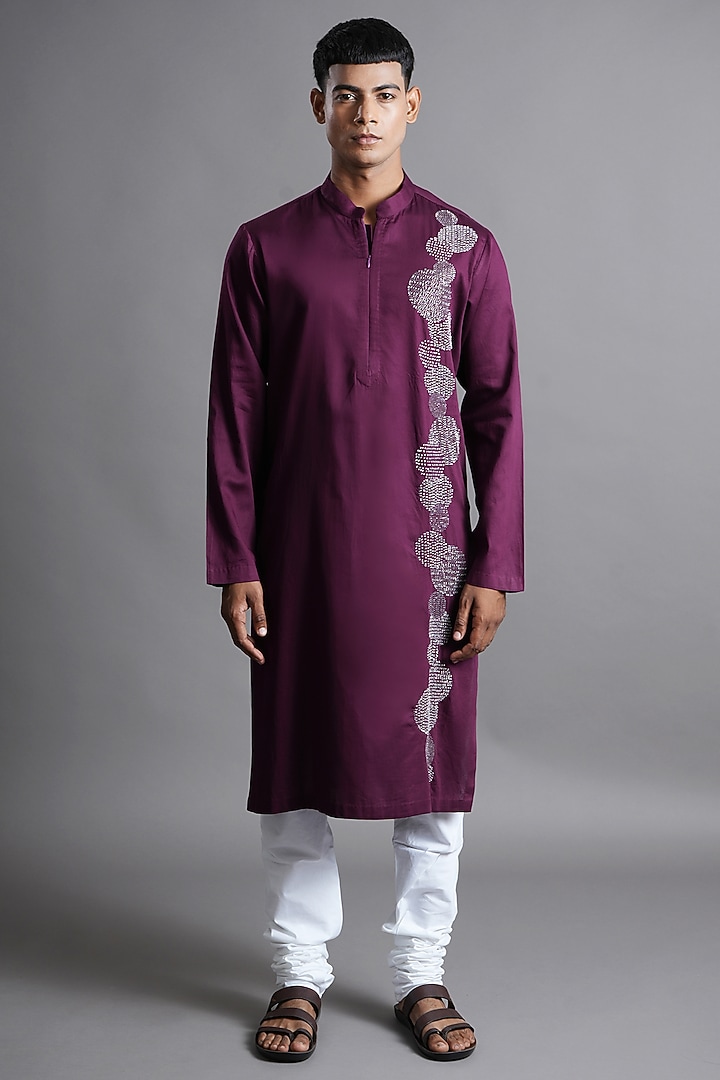 Deep Purple Cotton Hand Embroidered Kurta by Ritambh at Pernia's Pop Up Shop