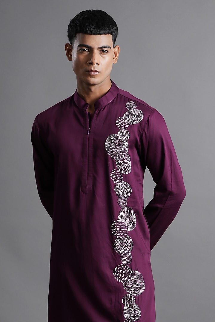 Deep Purple Cotton Hand Embroidered Kurta by Ritambh at Pernia's Pop Up Shop