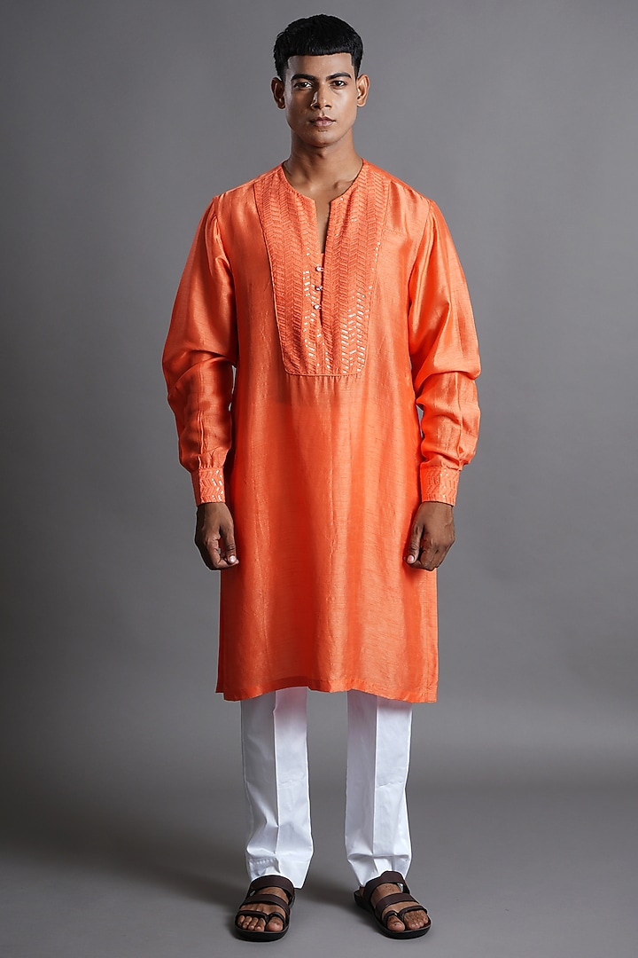 Orange Dola Silk Sequins Embroidered Kurta by Ritambh at Pernia's Pop Up Shop